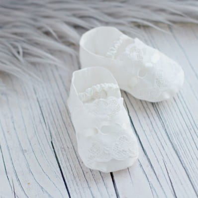 violet silk and lace christening shoes