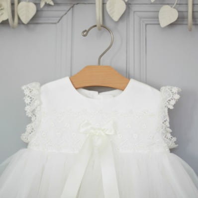 Christening gown with lace and tulle overskirt