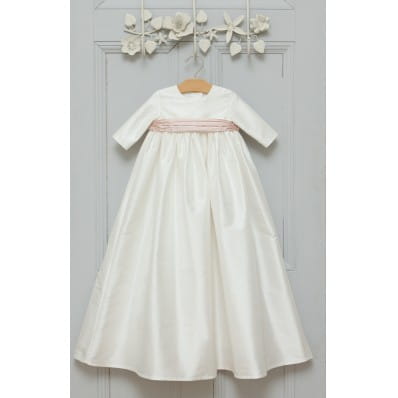 Baptism Gown with Long Sleeves - Ivory/pink