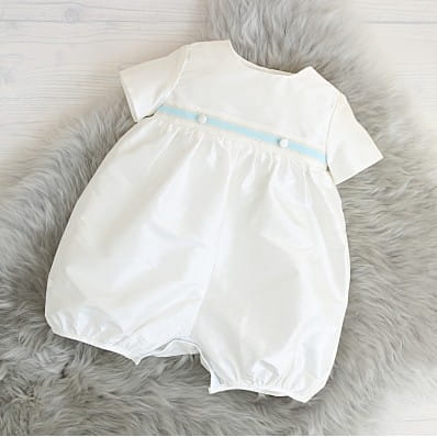 James Short Legged Christening Romper with Blue ribbon trim