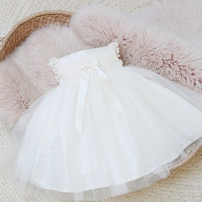 Luisa silk Christening dress with tulle overskirt