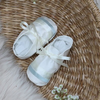 Jack silk Christening booties with blue trim