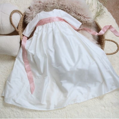 Echo silk baptism gown by Adore Baby - pink sash