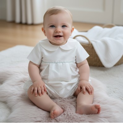 Short leg silk christening romper with blue trim