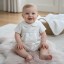 Short leg silk christening romper with blue trim
